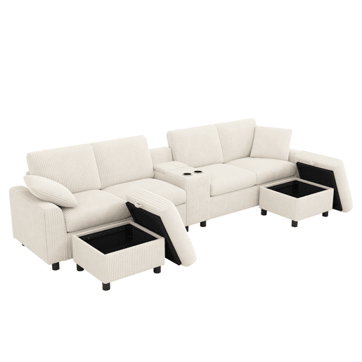 Sofá em forma de U 315x81x135 cm - 2 pufes com arrumação, mesa, 2 porta-copos, USB, tomadas - Bege