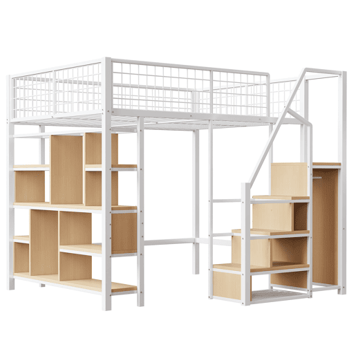 Cama alta multifuncional 140 x 200 cm - Com arrumação, prateleiras e escada - Branco