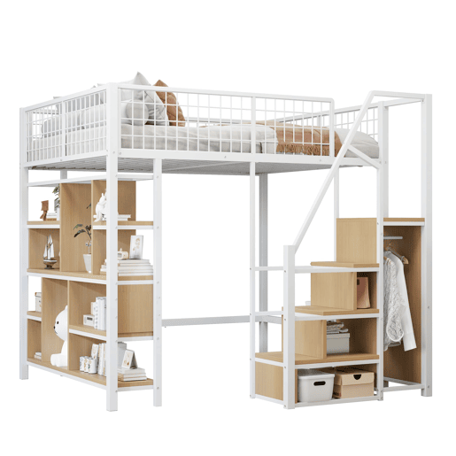 Cama alta multifuncional 140 x 200 cm - Com arrumação, prateleiras e escada - Branco