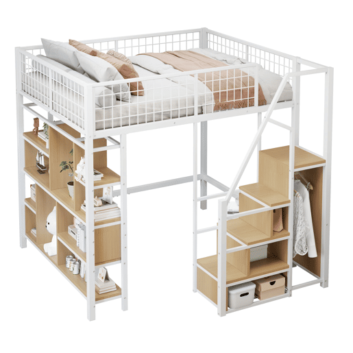 Cama alta multifuncional 140 x 200 cm - Com arrumação, prateleiras e escada - Branco