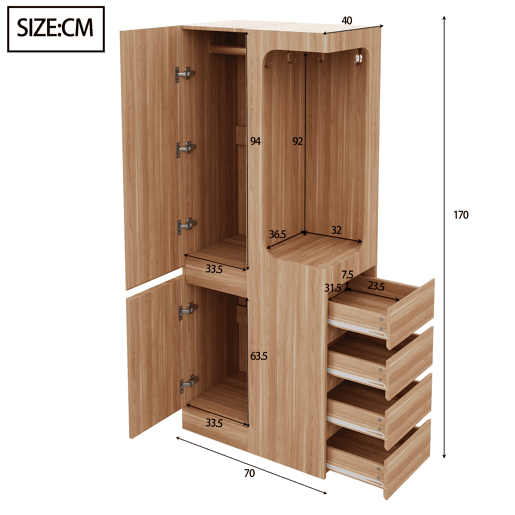 Armário 70x40x170 cm - 1 porta com gavetas e espaço aberto para roupa - Madeira Natural