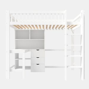 Cama alta 90x200 cm - Com prateleiras, secretária, 3 gavetas, escada - Branca