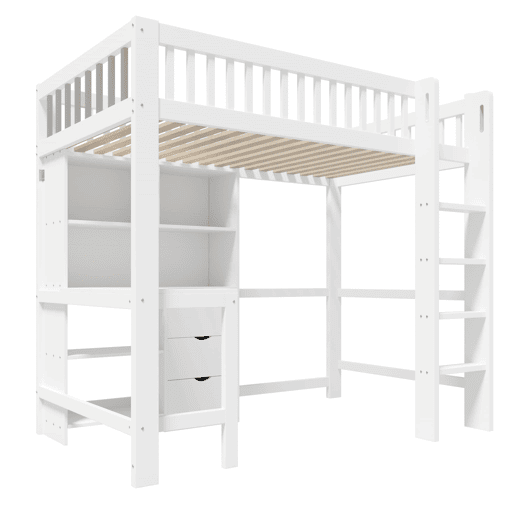 Cama alta 90x200 cm - Com prateleiras, secretária, 3 gavetas, escada - Branca
