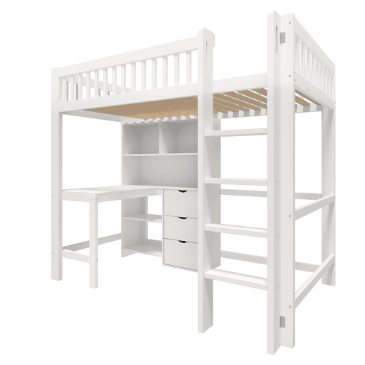 Cama alta 90x200 cm - Com prateleiras, secretária, 3 gavetas, escada - Branca