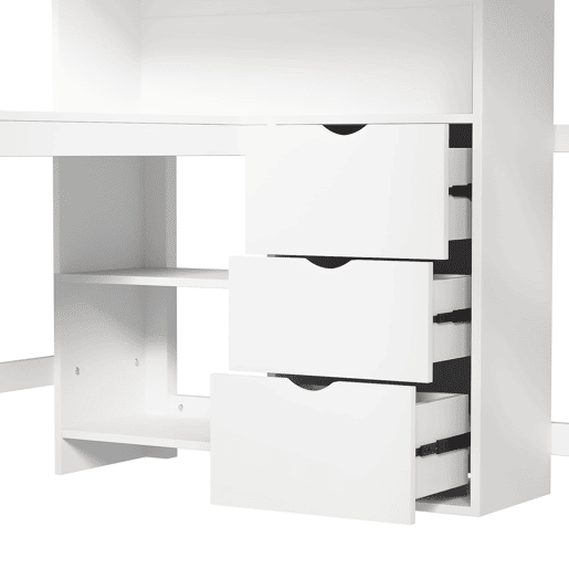 Cama alta 90x200 cm - Com prateleiras, secretária, 3 gavetas, escada - Branca