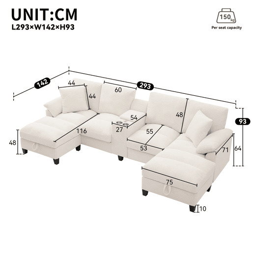 Sofá em forma de U para 4 pessoas - Cordão extragrande, com arrumação, porta-copos em aço inoxidável e 2 portas USB - Cinza