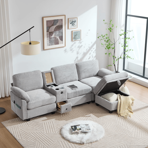 Sofá Cord 3 lugares - Conforto em espuma, consola central removível, USB-C, arrumação - Cinza claro