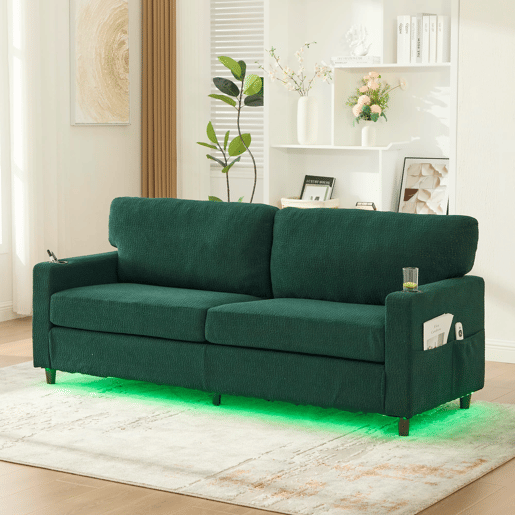 Sofá Chenille 2 lugares - USB-C, LED, porta-copos, bolsos - Esmeralda