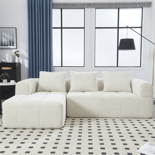 Sofá modular de 3 lugares - L-Sofa com chaise longue, almofadas e bolso lateral - Bege