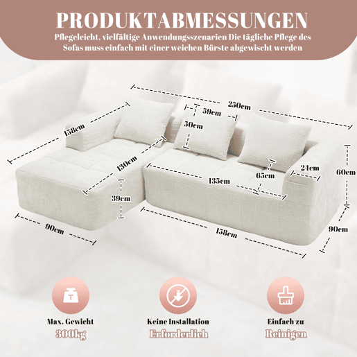 Sofá modular de 3 lugares - L-Sofa com chaise longue, almofadas e bolso lateral - Bege