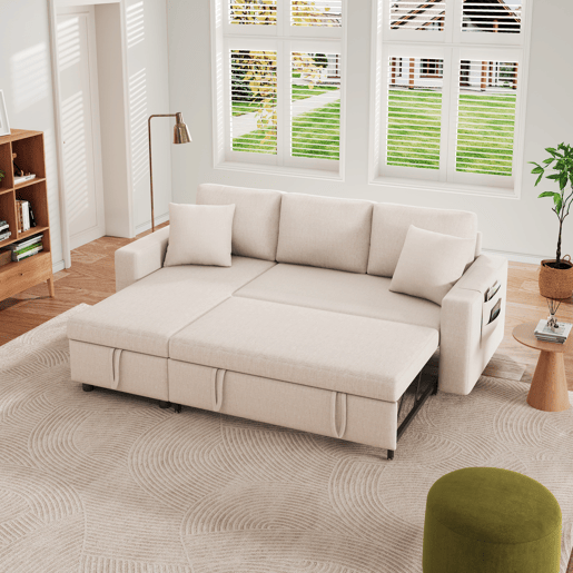 Sofá-cama em forma de L - Sofá com chaise longue e arrumação - Bege