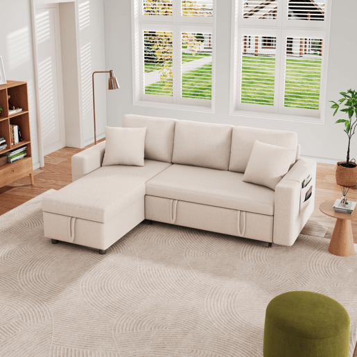 Sofá-cama em forma de L - Sofá com chaise longue e arrumação - Bege Sofá-cama em forma de L - Sofá com chaise longue e arrumação - Bege
