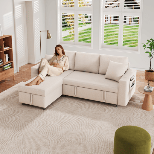 Sofá-cama em forma de L - Sofá com chaise longue e arrumação - Bege Sofá-cama em forma de L - Sofá com chaise longue e arrumação - Bege
