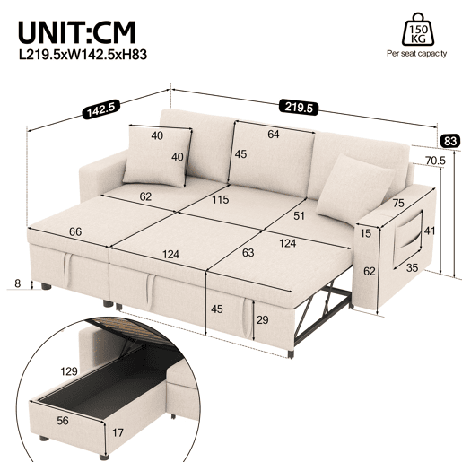 Sofá-cama em forma de L - Sofá com chaise longue e arrumação - Bege Sofá-cama em forma de L - Sofá com chaise longue e arrumação - Bege
