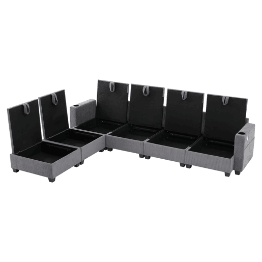 Sofá modular em forma de L com 6 lugares - Com apoio para os pés removível, portas USB, compartimentos e porta-copos - Cinza
