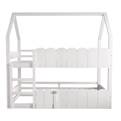 Beliche infantil 90x200 cm - Design em forma de casa com grades de segurança - Branco Beliche infantil 90x200 cm - Design em forma de casa com grades de segurança - Branco