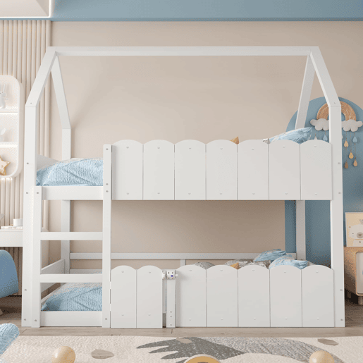 Beliche infantil 90x200 cm - Design em forma de casa com grades de segurança - Branco Beliche infantil 90x200 cm - Design em forma de casa com grades de segurança - Branco