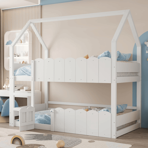Beliche infantil 90x200 cm - Design em forma de casa com grades de segurança - Branco Beliche infantil 90x200 cm - Design em forma de casa com grades de segurança - Branco