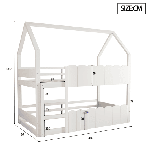 Beliche infantil 90x200 cm - Design em forma de casa com grades de segurança - Branco Beliche infantil 90x200 cm - Design em forma de casa com grades de segurança - Branco