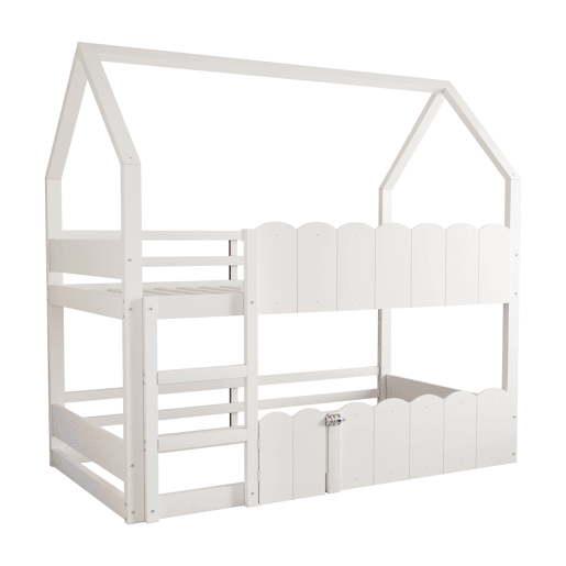 Beliche infantil 90x200 cm - Design em forma de casa com grades de segurança - Branco Beliche infantil 90x200 cm - Design em forma de casa com grades de segurança - Branco
