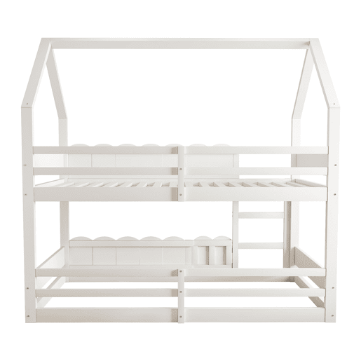 Beliche infantil 90x200 cm - Design em forma de casa com grades de segurança - Branco Beliche infantil 90x200 cm - Design em forma de casa com grades de segurança - Branco