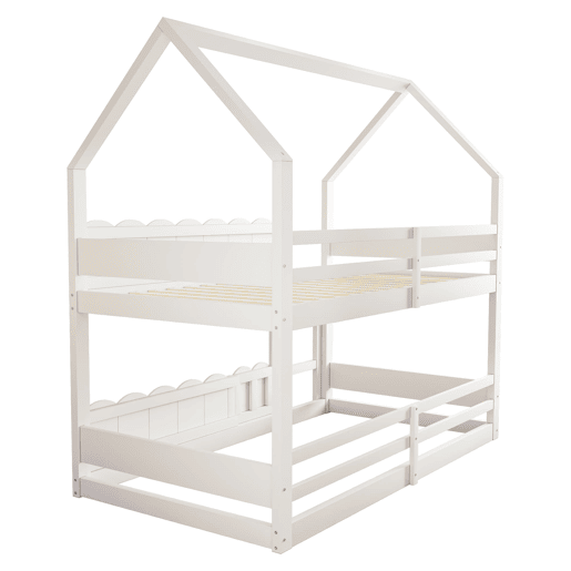 Beliche infantil 90x200 cm - Design em forma de casa com grades de segurança - Branco Beliche infantil 90x200 cm - Design em forma de casa com grades de segurança - Branco