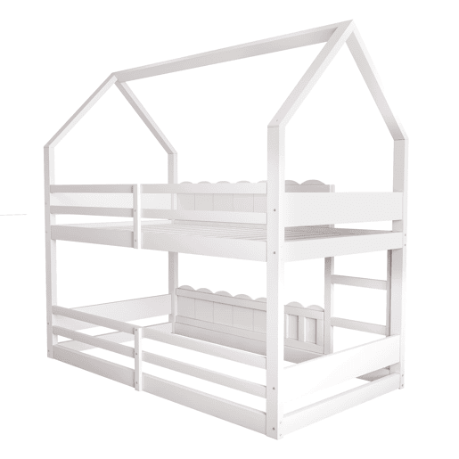 Beliche infantil 90x200 cm - Design em forma de casa com grades de segurança - Branco Beliche infantil 90x200 cm - Design em forma de casa com grades de segurança - Branco
