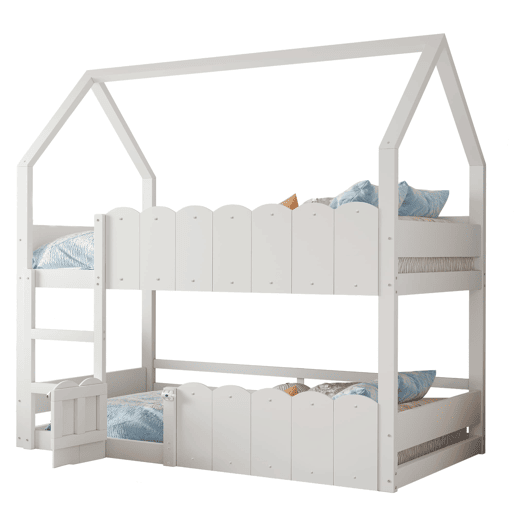 Beliche infantil 90x200 cm - Design em forma de casa com grades de segurança - Branco Beliche infantil 90x200 cm - Design em forma de casa com grades de segurança - Branco