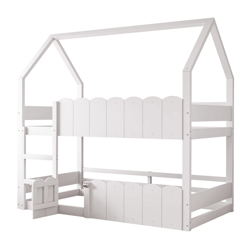 Beliche infantil 90x200 cm - Design em forma de casa com grades de segurança - Branco Beliche infantil 90x200 cm - Design em forma de casa com grades de segurança - Branco
