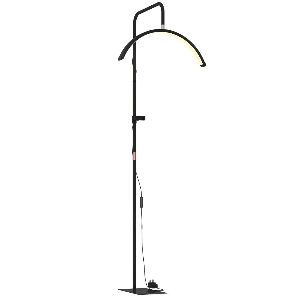 Homcom lámpara pestañas media luna, lámpara de pie con cabeza giratoria 350°, 7 temperaturas de color, brillo ajustable, soporte para teléfono, para uñas, cuidado de piel, extensiones de pestañas