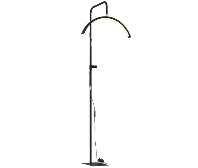 Homcom lámpara pestañas media luna, lámpara de pie con cabeza giratoria 350°, 7 temperaturas de color, brillo ajustable, soporte para teléfono, para uñas, cuidado de piel, extensiones de pestañas