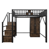 Cama alta metálica 140x200 - Design com grade, armário, gavetas e escada de arrumação - Preto