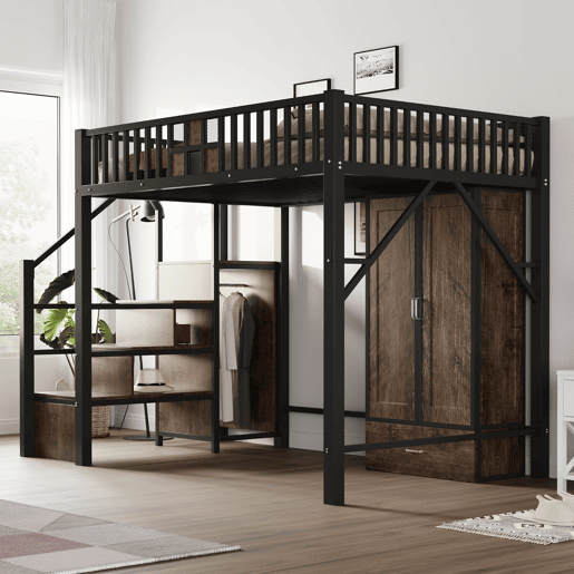 Cama alta metálica 140x200 - Design com grade, armário, gavetas e escada de arrumação - Preto Cama alta metálica 140x200 - Design com grade, armário, gavetas e escada de arrumação - Preto