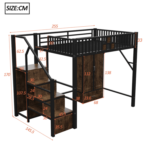 Cama alta metálica 140x200 - Design com grade, armário, gavetas e escada de arrumação - Preto Cama alta metálica 140x200 - Design com grade, armário, gavetas e escada de arrumação - Preto