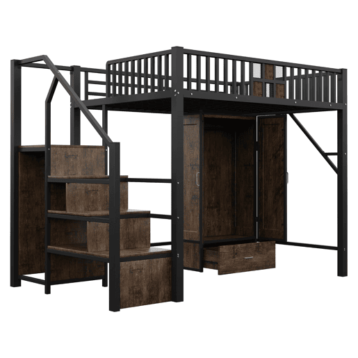 Cama alta metálica 140x200 - Design com grade, armário, gavetas e escada de arrumação - Preto Cama alta metálica 140x200 - Design com grade, armário, gavetas e escada de arrumação - Preto