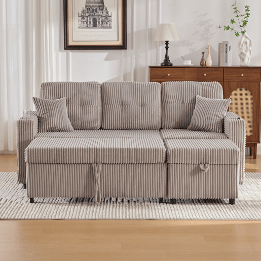 Sofá multifuncional de 3 lugares - com arrumação e cama extensível - cinzento claro