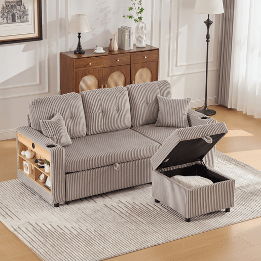 Sofá multifuncional de 3 lugares - com arrumação e cama extensível - cinzento claro