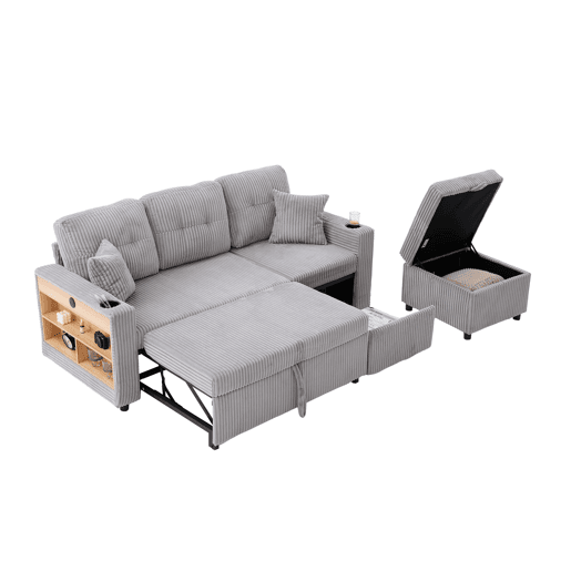 Sofá multifuncional de 3 lugares - com arrumação e cama extensível - cinzento claro