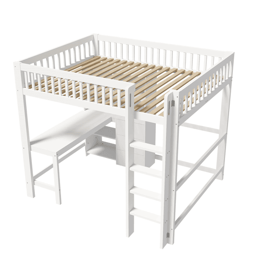 Cama alta 140x200 cm - Estante, escada, secretária, 3 gavetas - Branco