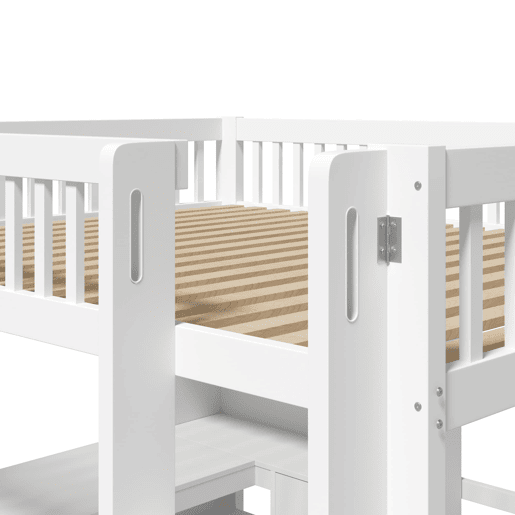 Cama alta 140x200 cm - Estante, escada, secretária, 3 gavetas - Branco