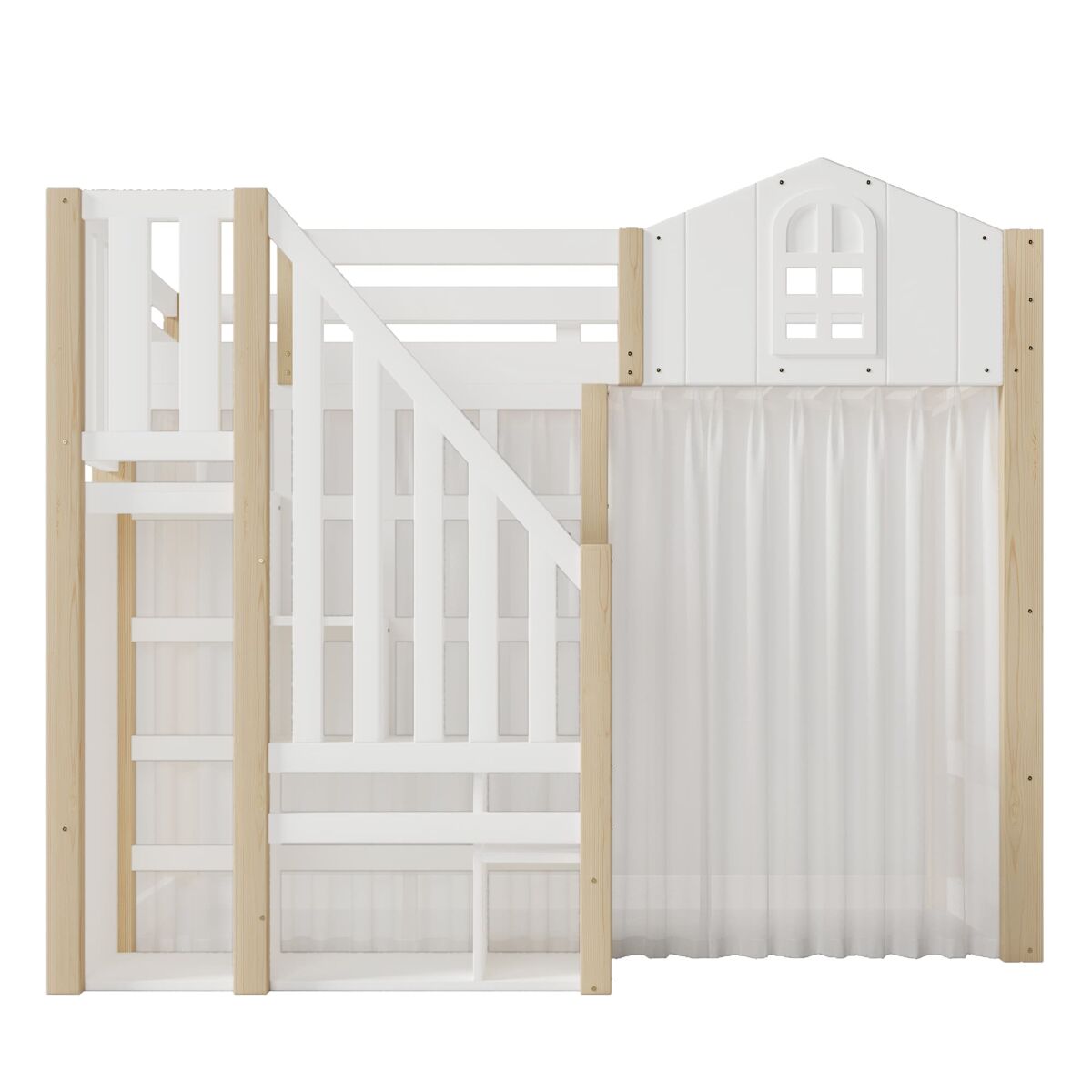 Cama loft 90x200 cm - con luces led, forma de ventana, escalera de almacenamiento, blanco + natural