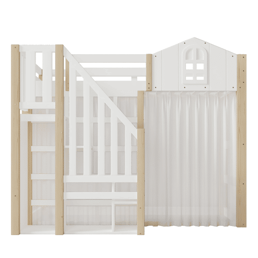 Cama loft 90x200 cm - Com luzes LED, formato de janela, escada com espaço de arrumação, branco + natural