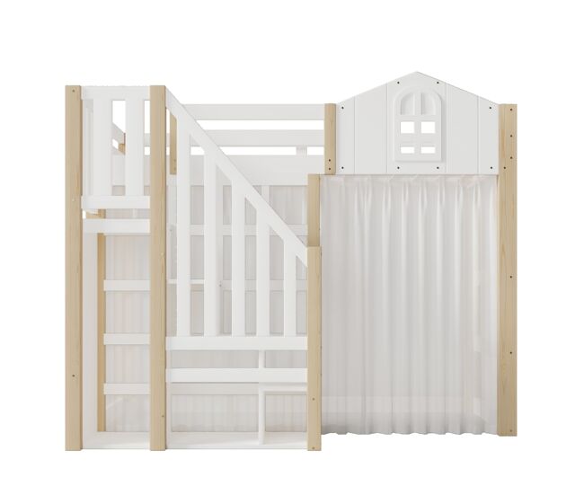 Cama loft 90x200 cm - con luces led, forma de ventana, escalera de almacenamiento, blanco + natural