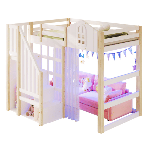 Cama loft 90x200 cm - Com luzes LED, formato de janela, escada com espaço de arrumação, branco + natural
