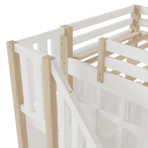 Cama loft 90x200 cm - Com luzes LED, formato de janela, escada com espaço de arrumação, branco + natural