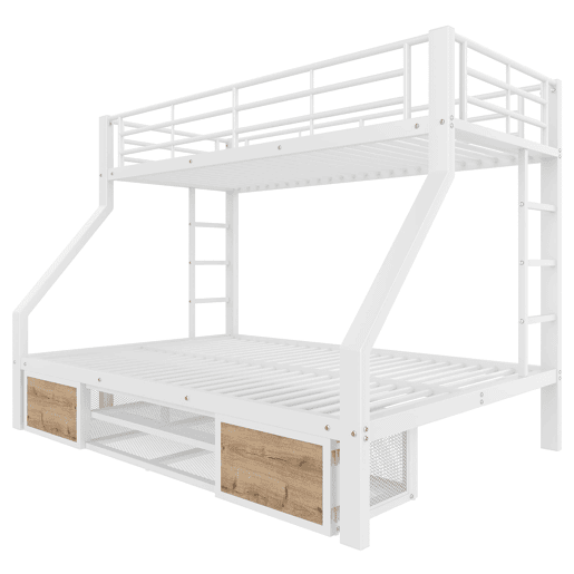 Beliche 90x200 cm, 140x200 cm - com armário, prateleiras, grade, escada - Branco
