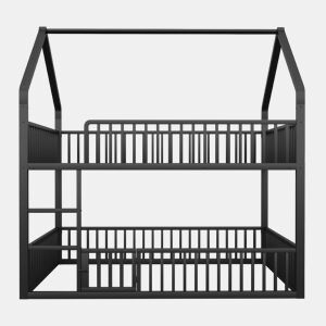 Beliche infantil 140x200 - Cama metálica com escada, design loft, com porta - Preta