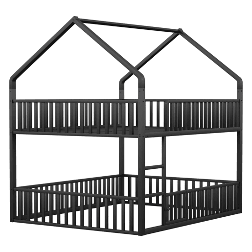 Beliche infantil 140x200 - Cama metálica com escada, design loft, com porta - Preta