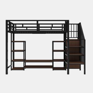 Cama alta 90x200 com suporte para TV, tomada e escada de segurança - Combinação metal-madeira, preto