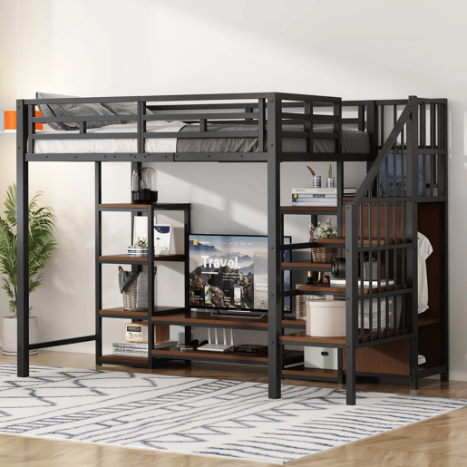 Cama alta 90x200 com suporte para TV, tomada e escada de segurança - Combinação metal-madeira, preto